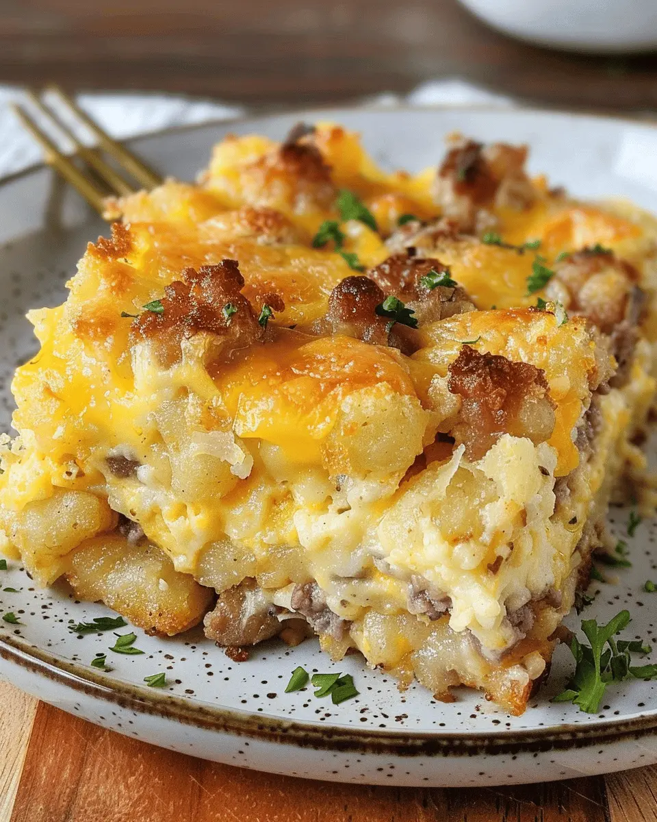 Tater Tot Breakfast Casserole with Turkey Bacon and Chicken Ham