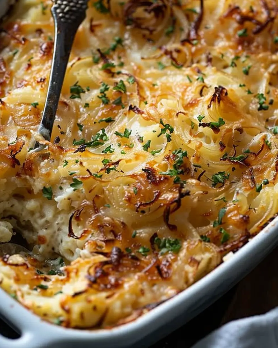 French Onion Funeral Potatoes with Turkey Bacon and Chicken Ham
