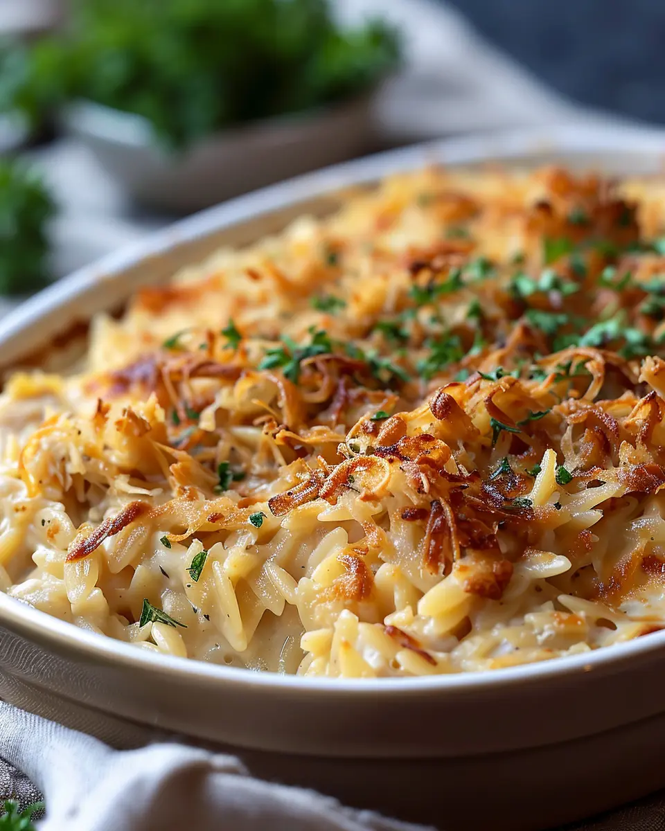 French Onion Chicken Orzo Casserole with Turkey Bacon Delight