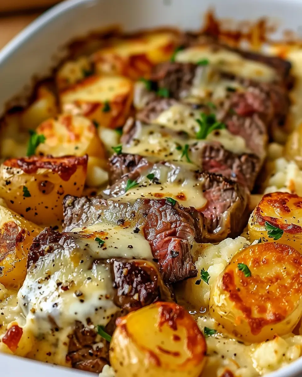 Garlic Butter Steak &amp; Cheddar Potato Bake: Best Comfort Food Recipe