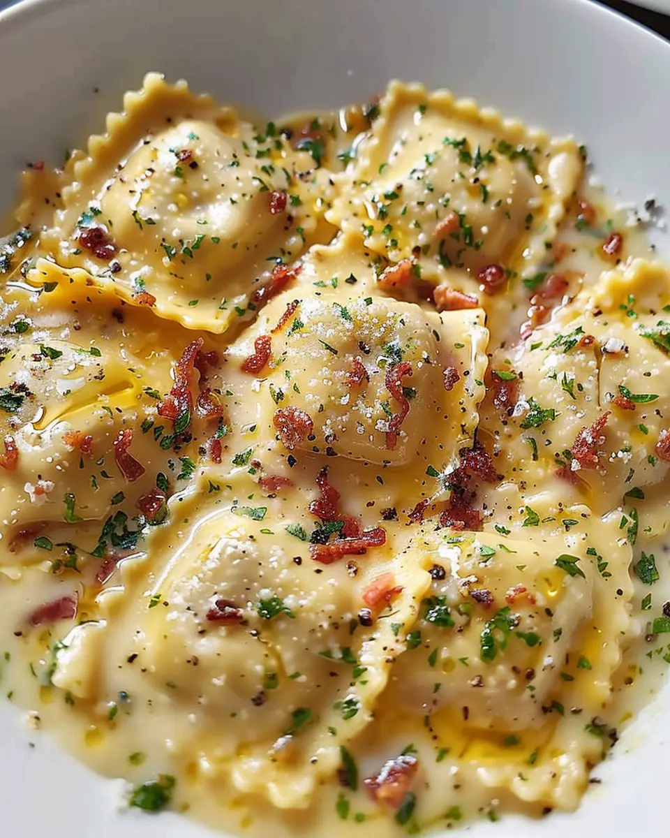 Olive Garden Ravioli Carbonara with Turkey Bacon and Chicken Ham