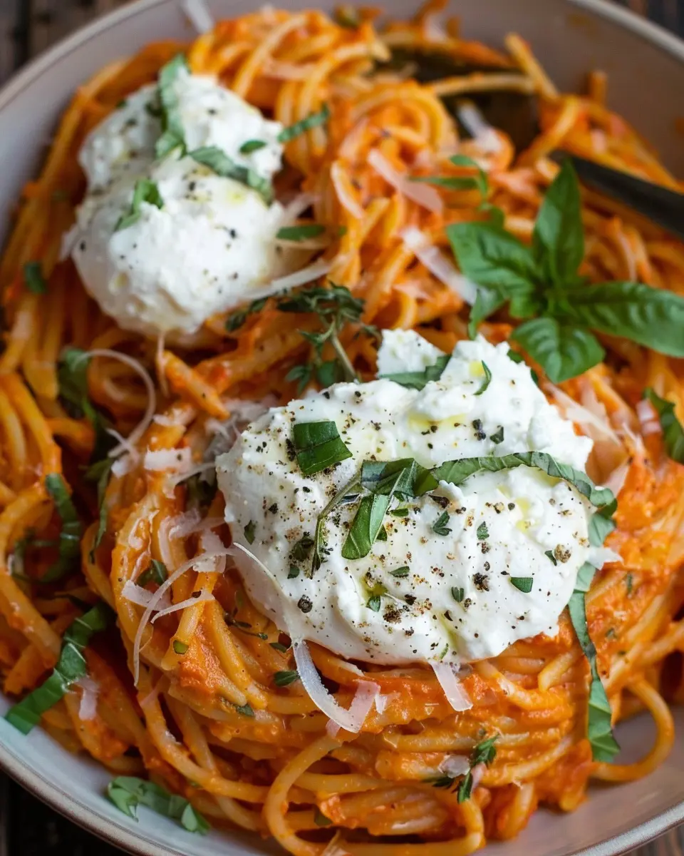 Creamy Red Pepper Pasta: Indulgent Delight with Burrata &amp; Herbs