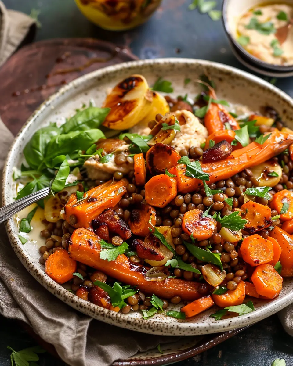 Roasted Carrot and Lentil Salad: Easy Hummus-Topped Delight