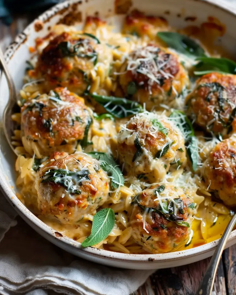Baked Sage Chicken Meatballs with Parmesan Orzo for Easy Weeknight Dinners
